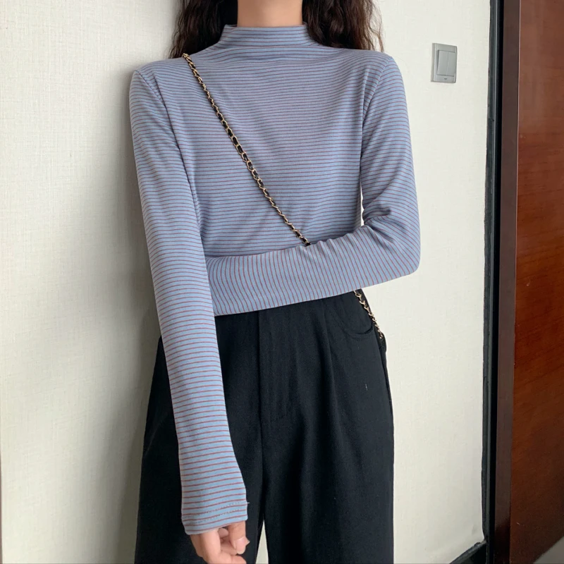 Женская бархатная футболка в полоску с длинным рукавом|Футболки| |