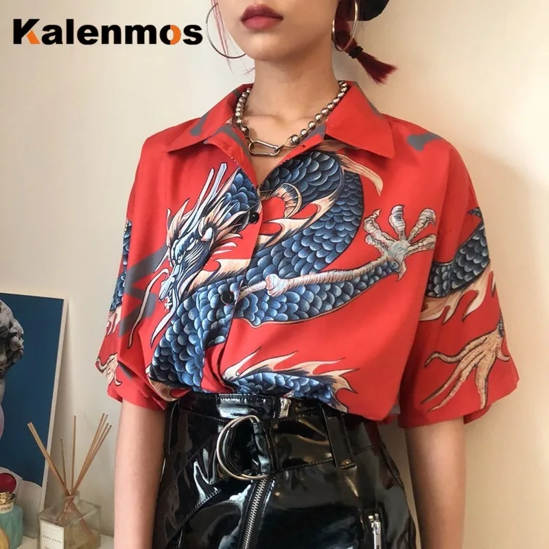 

Blouse Women Harajuku Summer Vintage Tops Dragon Print Short Sleeve Cool Hip Hop Shirts Gothic Punk Moto Sexy Loose Streetwear