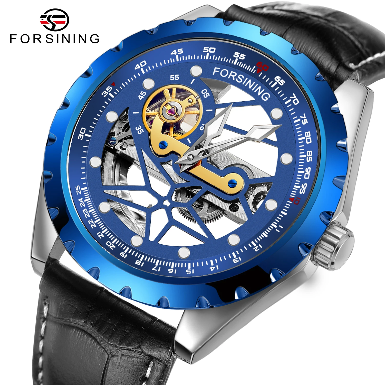 

Forsining Men's Watches Blue Skeleton Transparent Tourbillon Men Wristwatches Automatic Mechanical Leather Watch Relogio Masculi