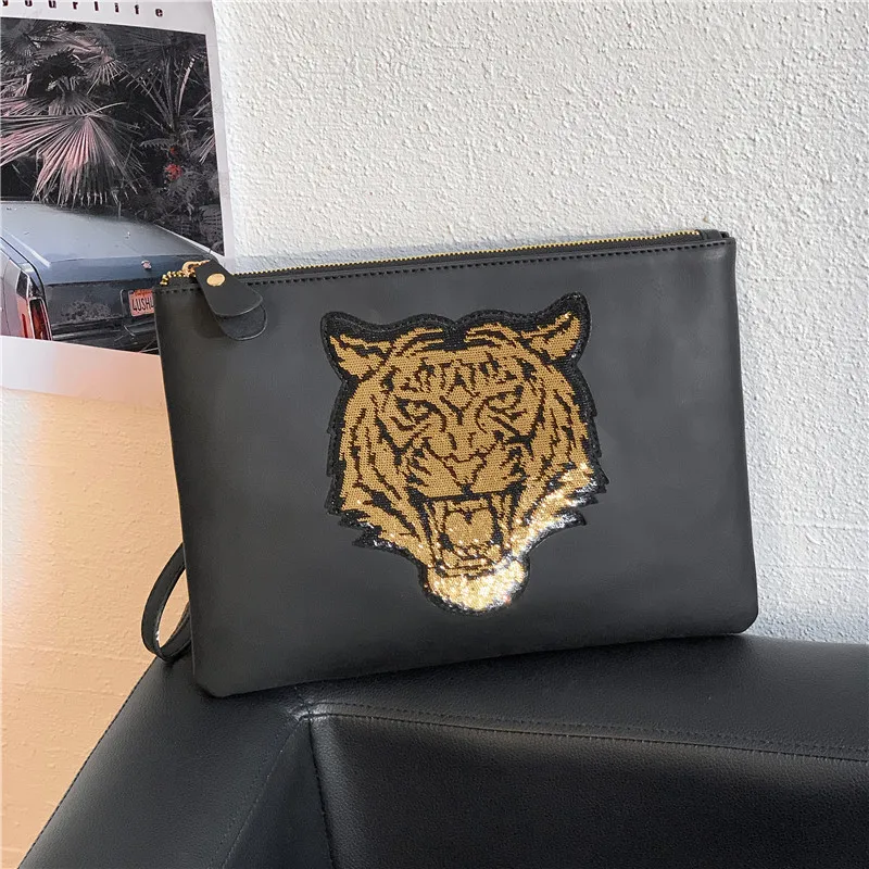

Luxury Handbags Designer Men's Envelope Bag Leather Cluth Bag Men Purses Zipper Animal Print Casual Male Hand Bags Business Sac