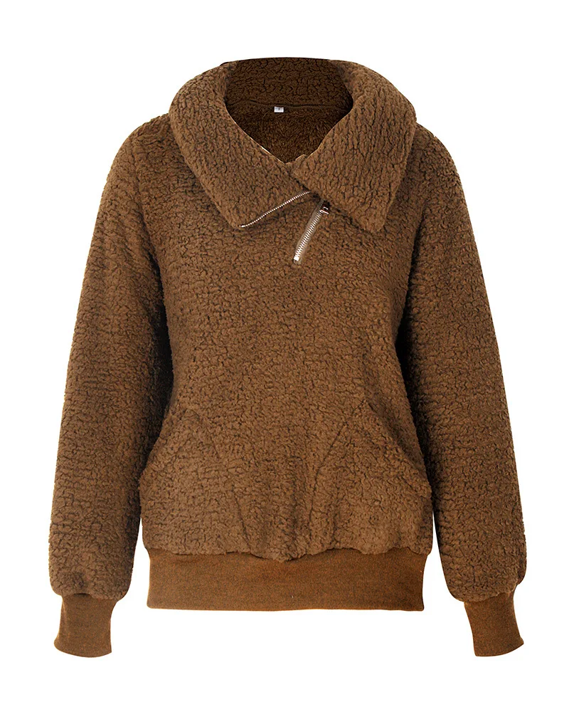 

2019 Autumn Winter Lamb cashmere Solid coat zipper high neck Faux lambswool Women's Warm pocket top Ladies teddy casual jacket