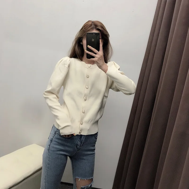 Chic Women Sweater Autumn 2019 New Fashion V-Neck Full Puff Sleeve Modern Lady Cardigans Tops |