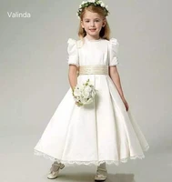 short sleeves ivory flower girl dresses with sash first communion dress for birthday party