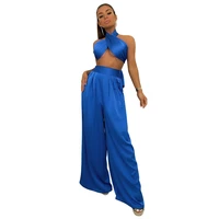 women sets european and american fashion women sexy crop top strapless bandage solid color casual wide leg pants sets donsignet