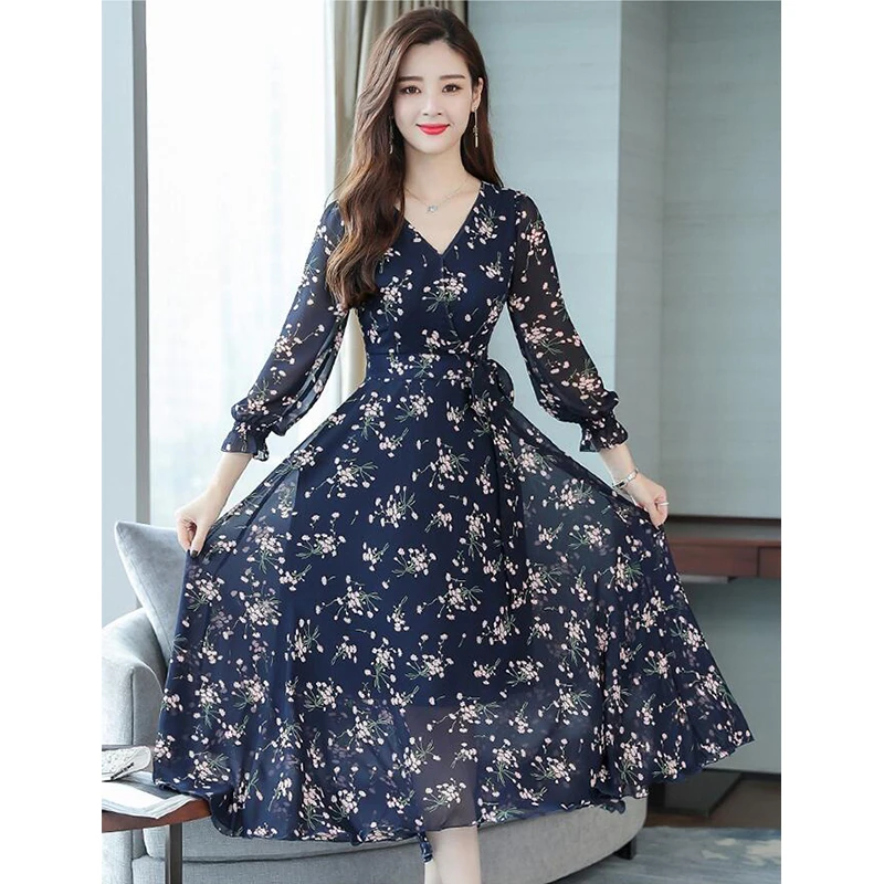 

2019 New Spring Autumn floral long dress Korean version V Neck temperament chiffon long-sleeved dress female cc1505