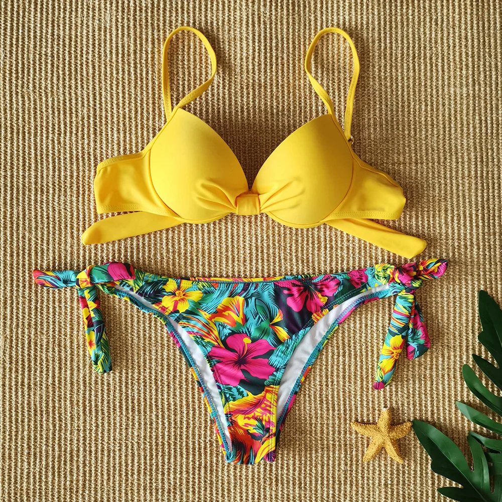 

2020 Bandage Bikinis Set High Waist Swimwear Women Swimsuit Bikini Padded Bathing Suit New Leaf Print Biquini Maillot de bain