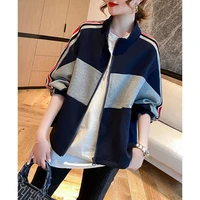 striped patchwork stand up collar baggy coat female 2021 spring new korean style versatile top