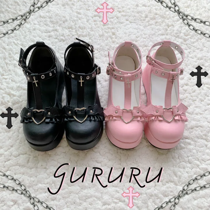 Platform Lolita Kawaii Pu Shoes Bowknot Demon Dark Goth Punk Devilian Little Bat Style Loli Cosplay High Heel 5.5cm