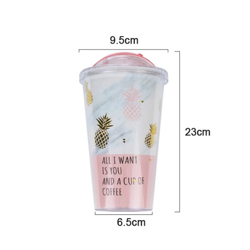 

Pink Pineapple Coffee Mugs BPA Free Plastic Water Bottle Travel Mug Portable Tea Milk Juice Cup With Straw Drinkware 420ML 1pc