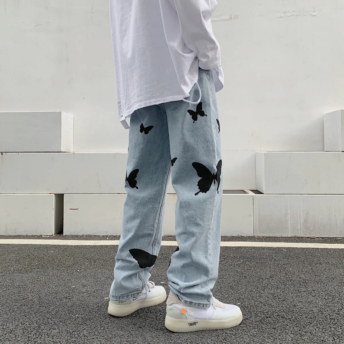 

2021 Butterfly Print Jeans for Men Loose Straight Jeans Casual Denim Pants Fashion Wide Leg Trousers Streetwear Women Clothing