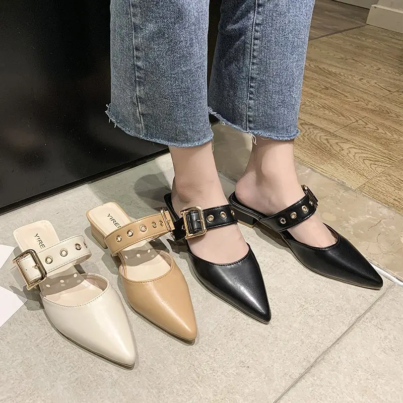 

XIXIYIPIN Fashion Retro Rivet Sexy Women Mules Slippers 2021 Summer Punk Ladies Sandals Premium Leather Women Shoes Solid Slides
