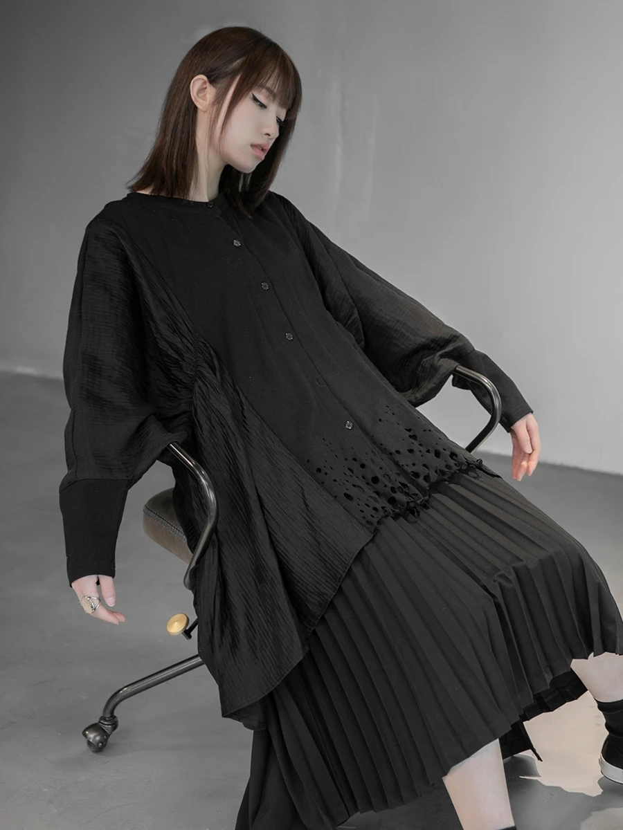 

SuperAen 2021 Spring New Streetwear Black O Neck Medium Long Cardigan Full Casual T Shirt Women Tops