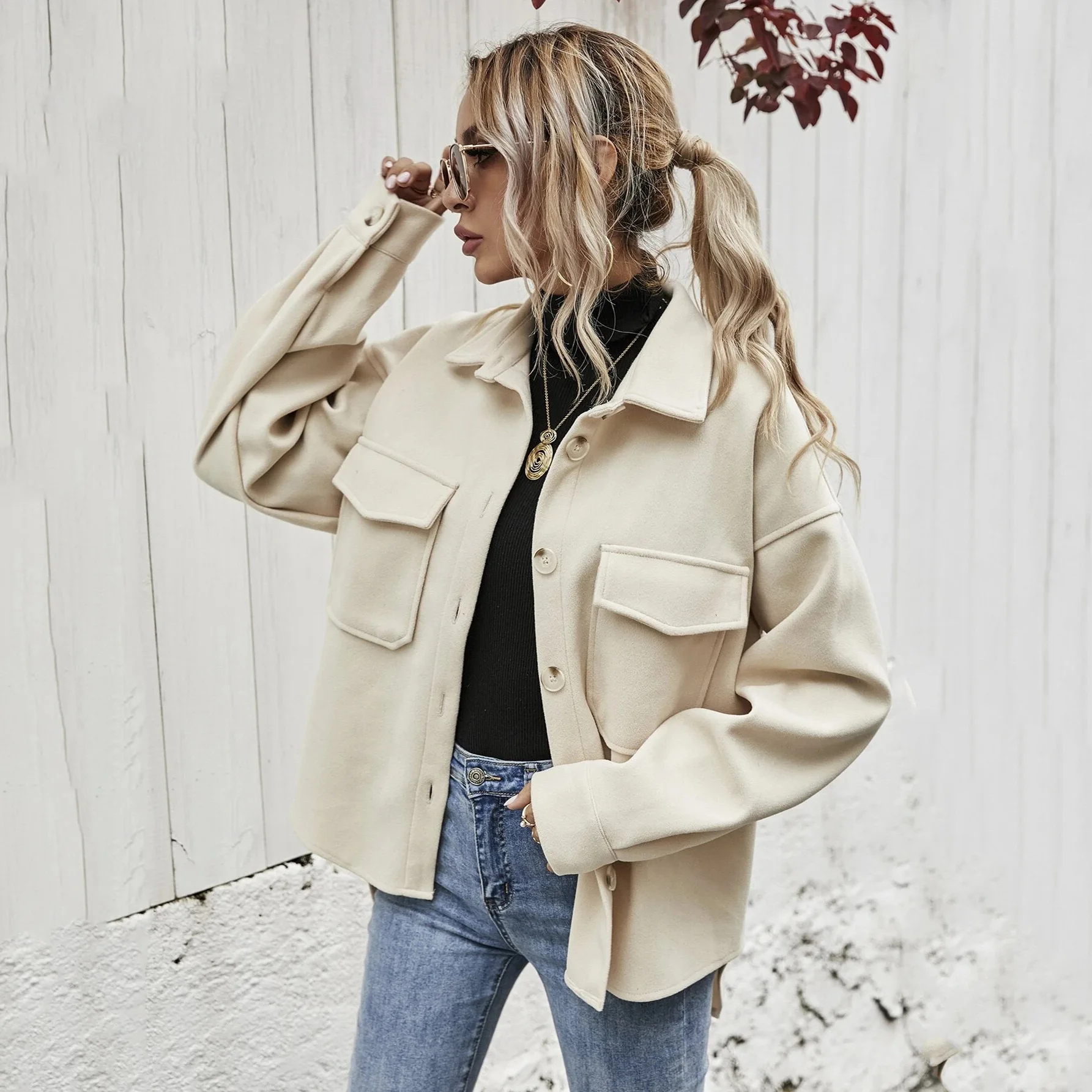 

Mandylandy Autumn Jackets Lapels Single-Breasted Thickened Solid Color Shirt Woolen Baggy Coat Fashion Women Outwear Outwear