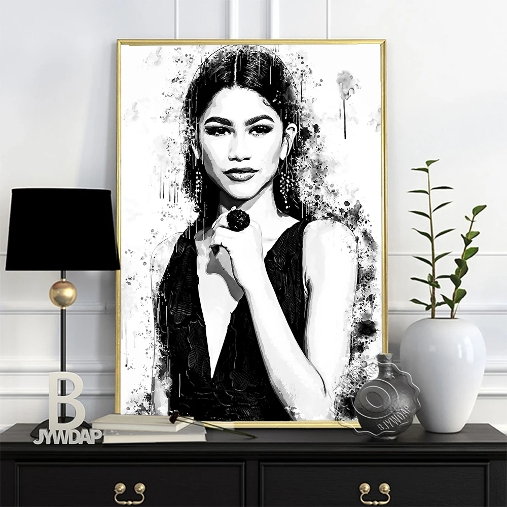 

Zendaya Black White Watercolor Poster, Elegant Goddess Sketch Canvas Painting, America Actress Singer Portrait Wall Home Decor