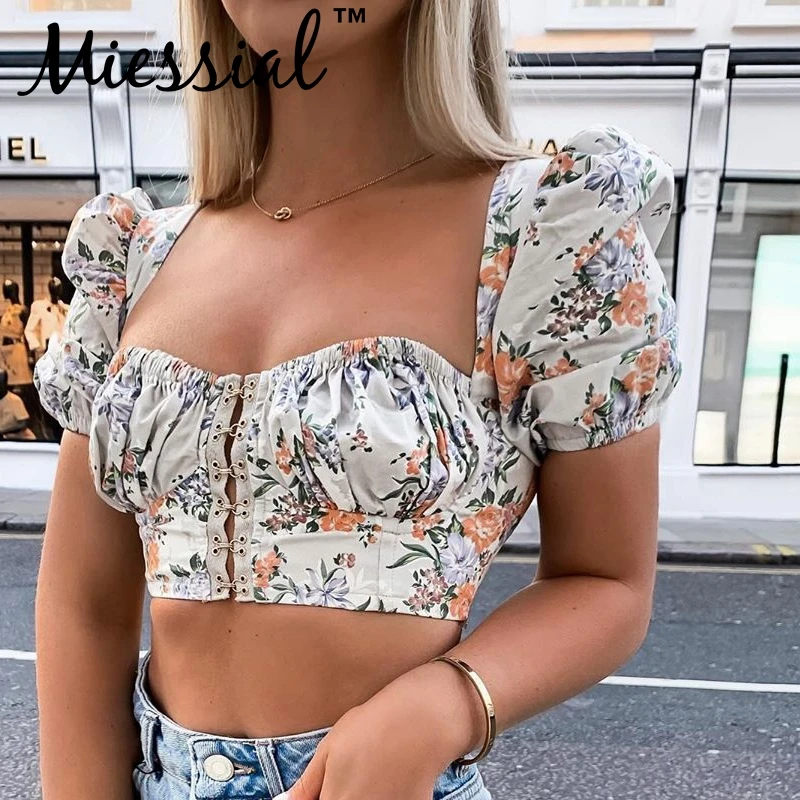 Miessial топ с пышными рукавами и цветочным принтом, сексуальные майки и майки, женский зимний укороченный топ с пуговицами, женский топ с квадратным воротником, уличная одежда