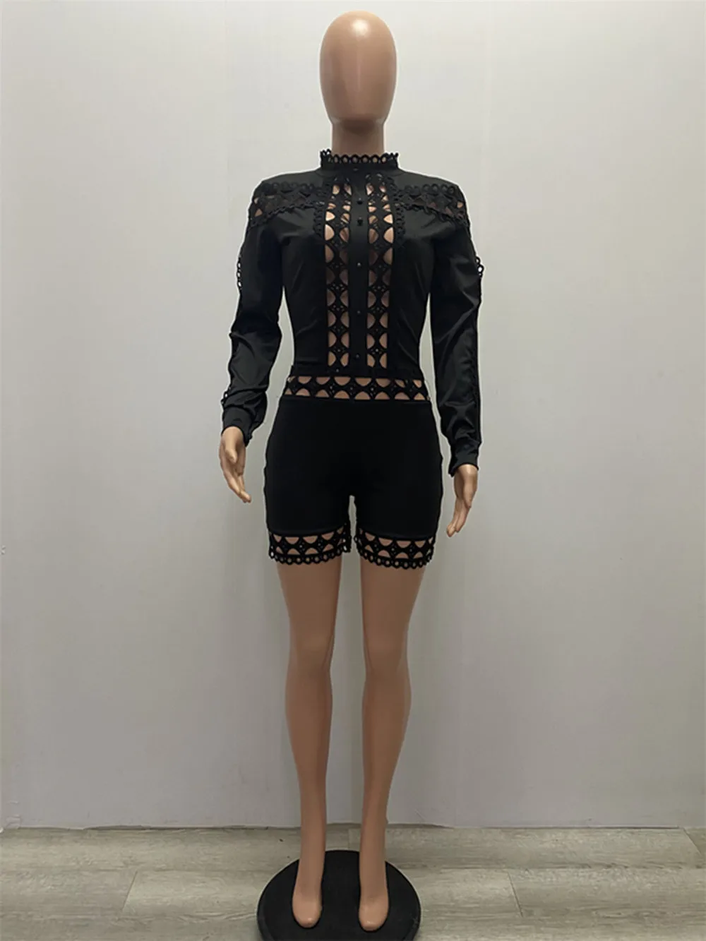 Black White Elegant Playsuits and Jumpsuits Shorts Women Long Sleeve Hollow Out Lace Club Party Rompers Sexy Overalls for Women