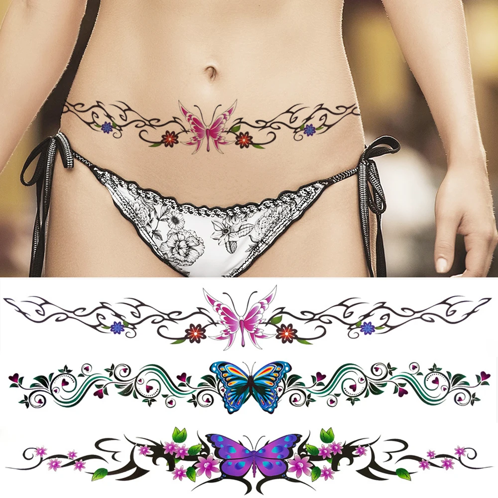 Sexy Butterfly Temporary Tattoos For Women Girl Watercolor Flower Tattoo Sticker Lace Vine Long Fake Tatoo Waist Makeup Sleeve