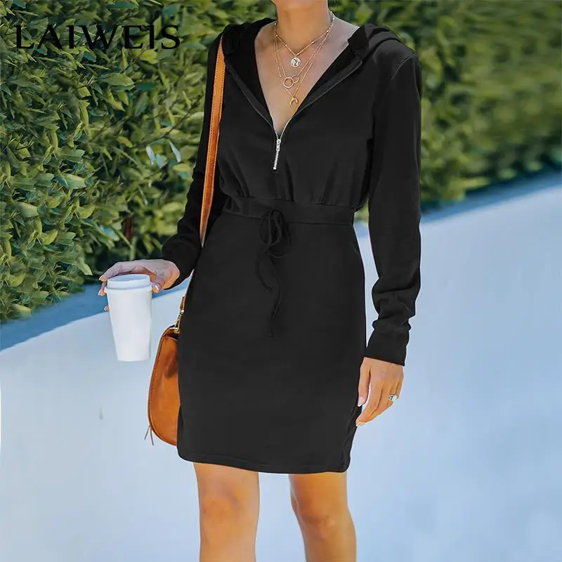 

2021 Fashion Solid V-neck zipper dress Hooded for Women Autumn Clothing Long Sleeve Sexy Slim Tunic dresses black Casual dress