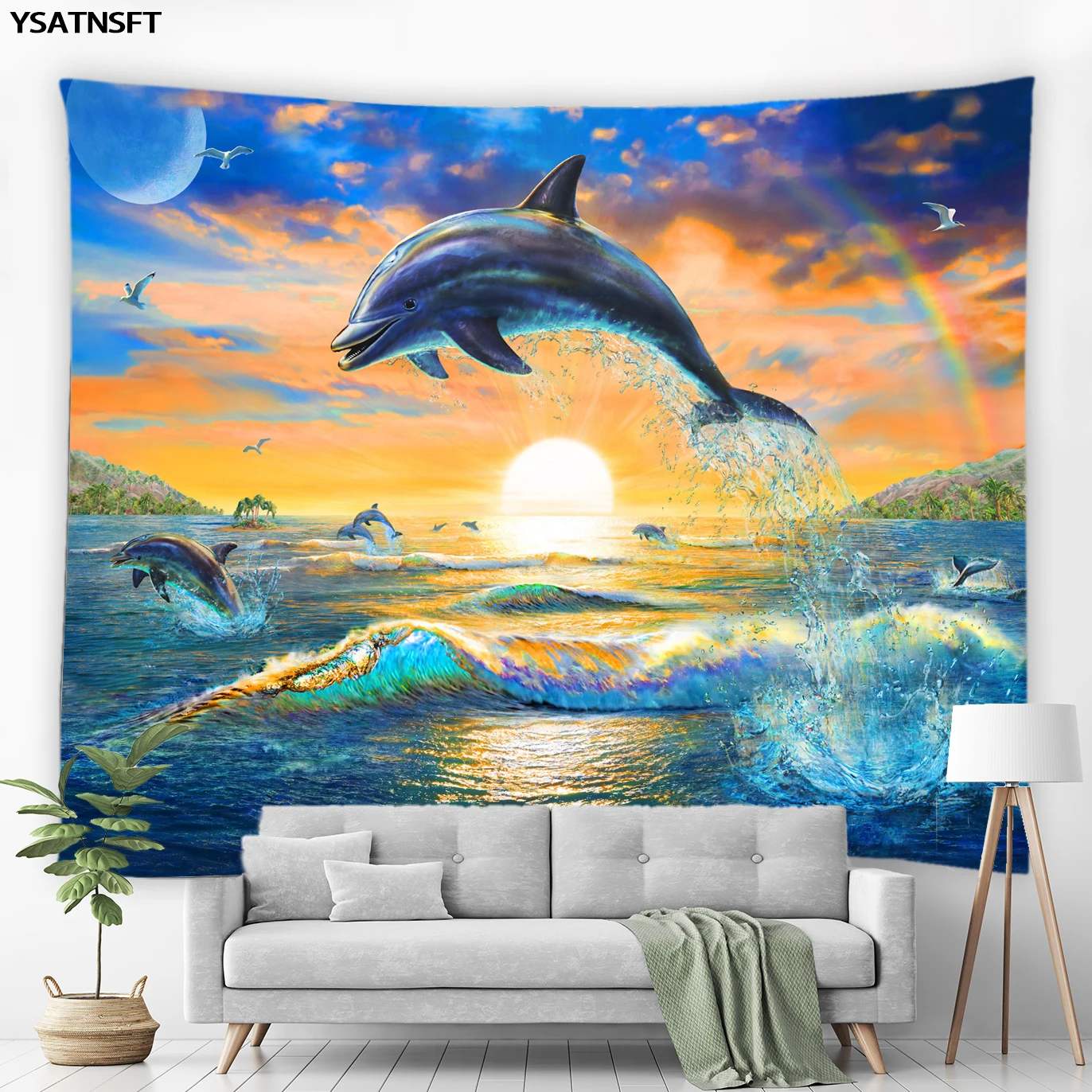 

Beautiful Rainbow Dolphin Tapestry Wall Hanging Window Ocean Animal Tropical Fish Sea Turtle Art Wall Cloth Tapestries Rug Decor