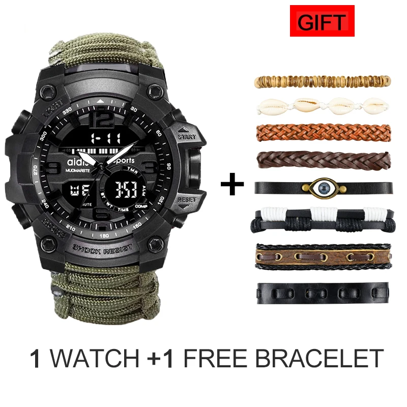 green-free bracelet Ударопрочные спортивные часы мужские военные задний светильник Полный календарь цифровые наручные часы 3 бар водонепроницаемые часы - Цвет: green-free bracelet