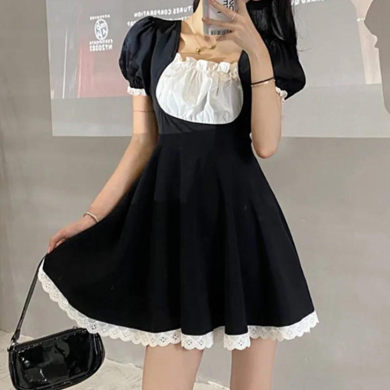

HOUZHOU Maid Dress Kawaii Sweet Lace Mini Dresses Milkmaid Lolita Summer Sexy Black Patchwork Streetwear Cute Outfits for Women