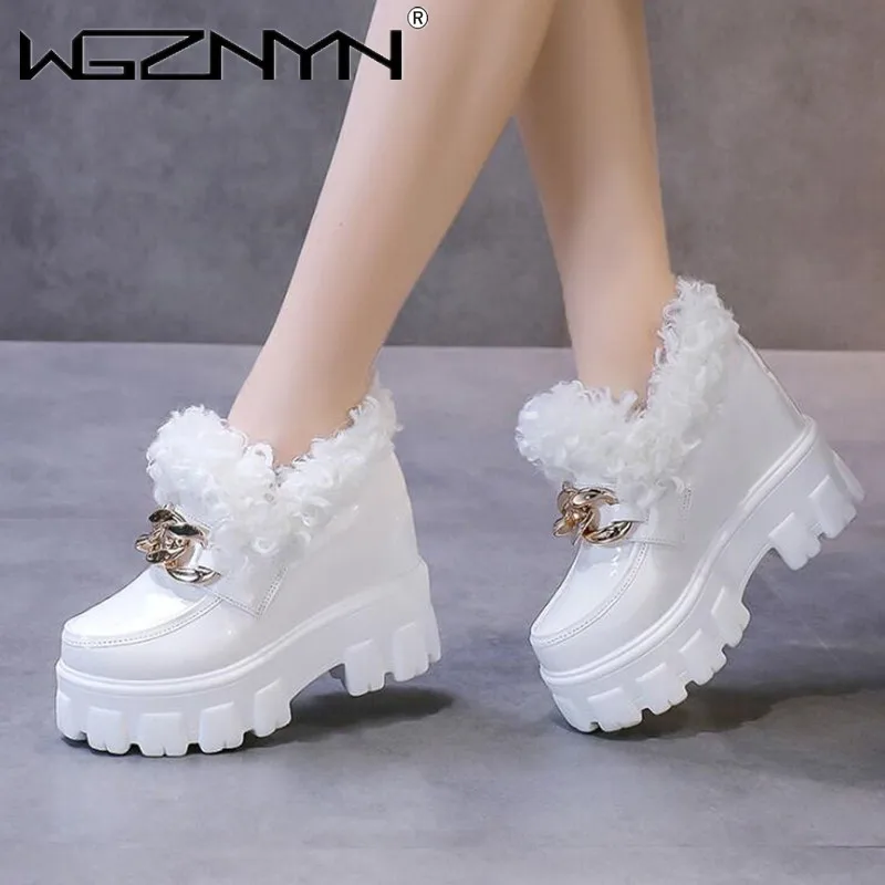 

Женские зимние ботинки на высокой платформе, кожаные ботинки на танкетке, теплые Нескользящие ботильоны на толстом плюше и высоком каблуке,...