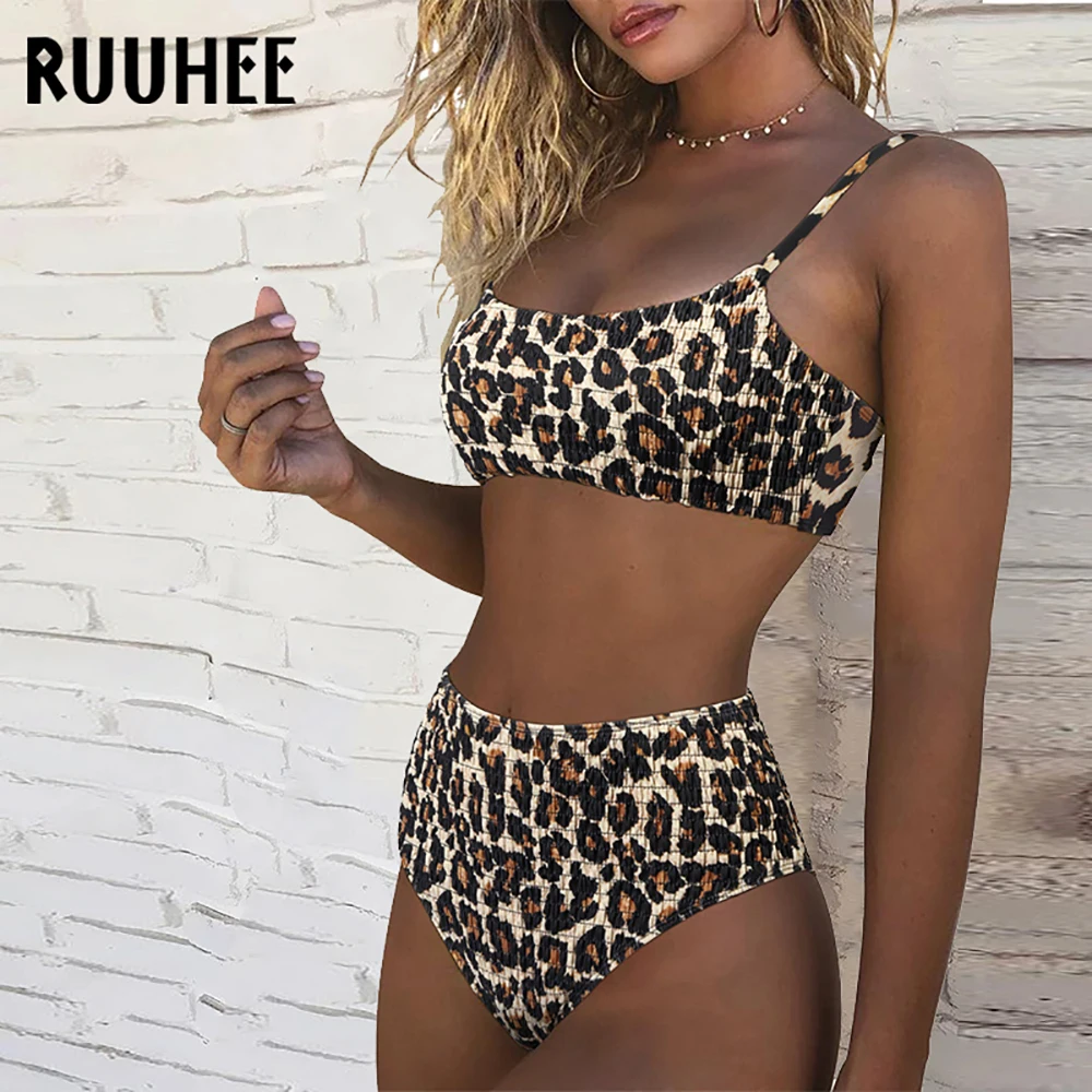 

RUUHEE Leopard Swimsuit Women Push Up Bikini 2021 Shirred High Waist Swimwear Female Biquini Brazilian Swimming Bathing Suit