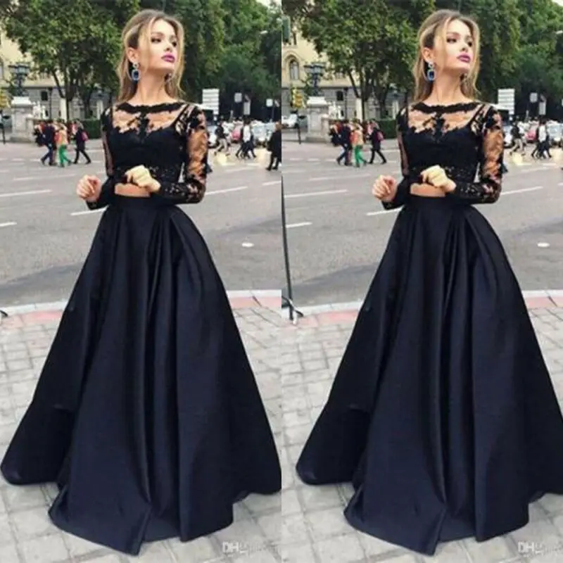 Женский кружевной комплект из 2 предметов Черный Топ с длинным рукавом + юбка до