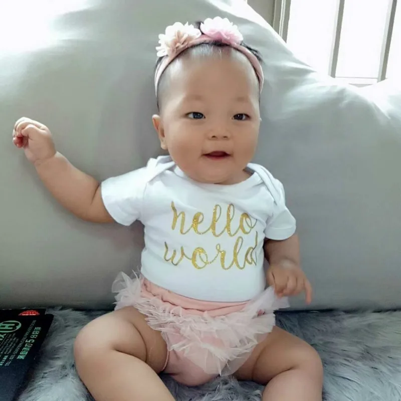 Комбинезон с коротким рукавом для новорожденных девочек принтом Hello World | Мать и