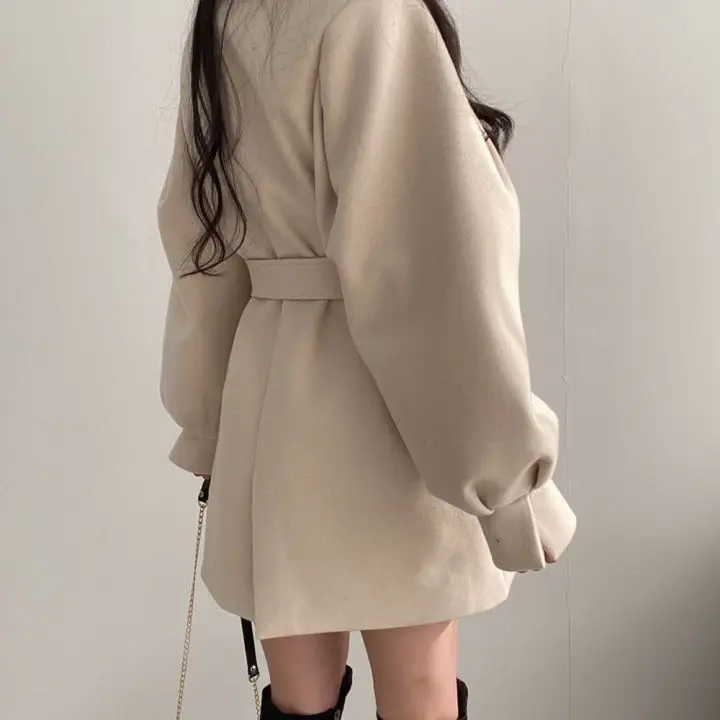 

Turn Down Collar Lantern Long Sleeve Coat Feminino Slim Waist Sashes Solid Knee Length Jacket Women Autumn Winter Slim