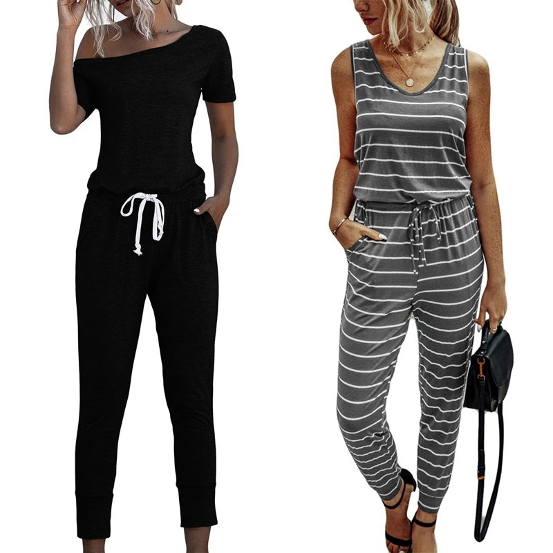 

Женские комбинезоны с открытыми плечами, Летний полосатый комбинезон с открытой спиной, женская одежда, 2 шт.