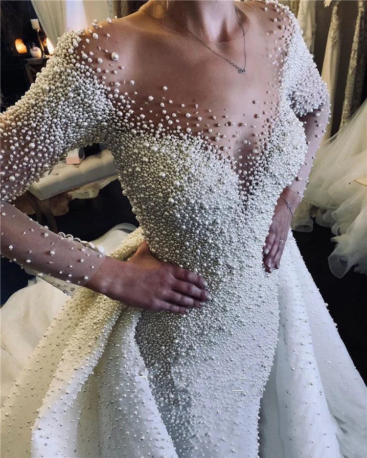 Luxury Full Pearl Beaded Saudi Arabic Mermaid Wedding Dresses 2020 With Detachable Train Long Sleeves Plus Size Bridal Gown