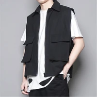 mens short waistcoat spring and autumn new solid color lapel pocket design street function tactical vest zipper vest