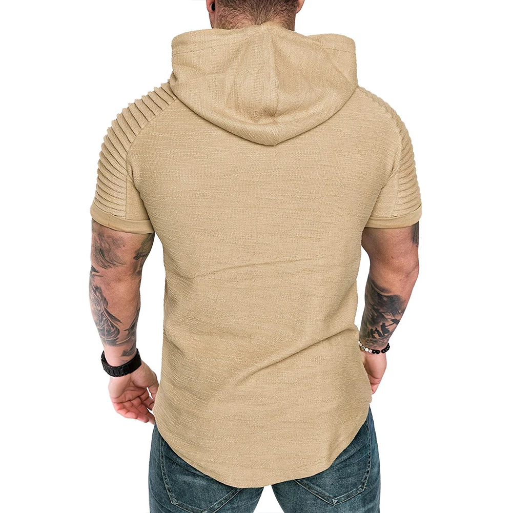 

Mens Casual Pleated Solid Color T-Shirt Round Neck Short Sleeve Hoodies Sportswear Top Bodybuilding hoodie Shirt Workout Jogging