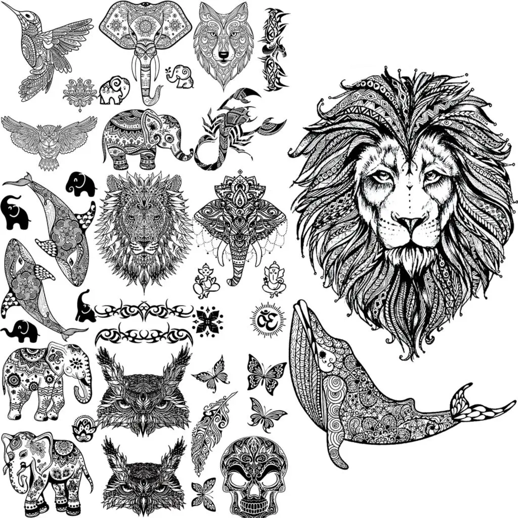 

Minimalist Lion Whale Temporary Tattoos For Women Men Realistic Elephant Owl Feather Scorpion Fake Tattoo Sticker Body Tatoos