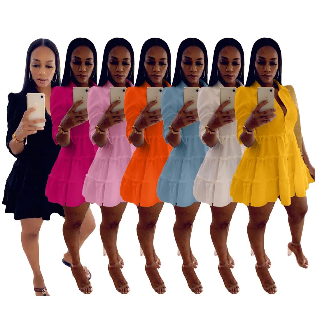 

Sexy Elegant Half Sleeve Turn-down Collar Single Breasted Loose Dresses Office Lady Clothing Solid Ruffle Shirt Dress