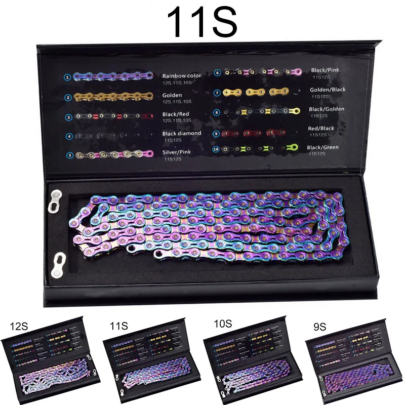 

SUMC Semi-Hollow 116 Links bike Chain Rainbow High strength metal Bicycle Shift Chain Road/MTB Rainbow Coated 9-10-11-12Speed