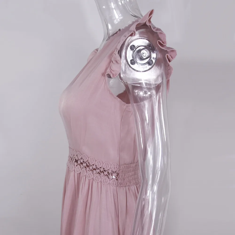 

Fashion Knee-Length Dresses For Women 2021 High-Waisted And Thin Ruffled Solid Color Hollow Out Lace Stitching Dress Robe Femme