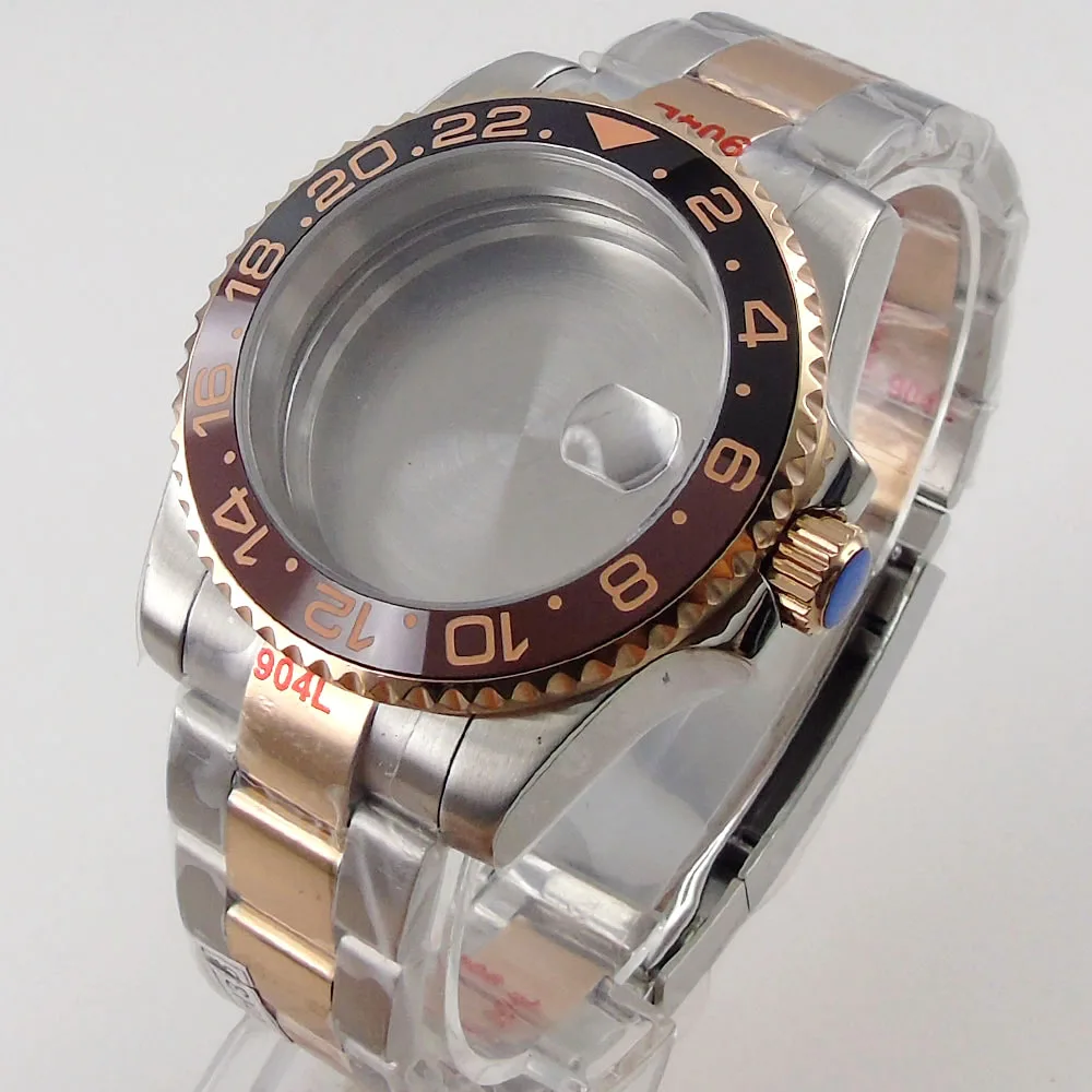 fit NH35A NH36A ETA MIYOTA Two Tone Rose Gold Coated Watch Case Oyster Strap Sapphire Glass Root Beer GMT Insert