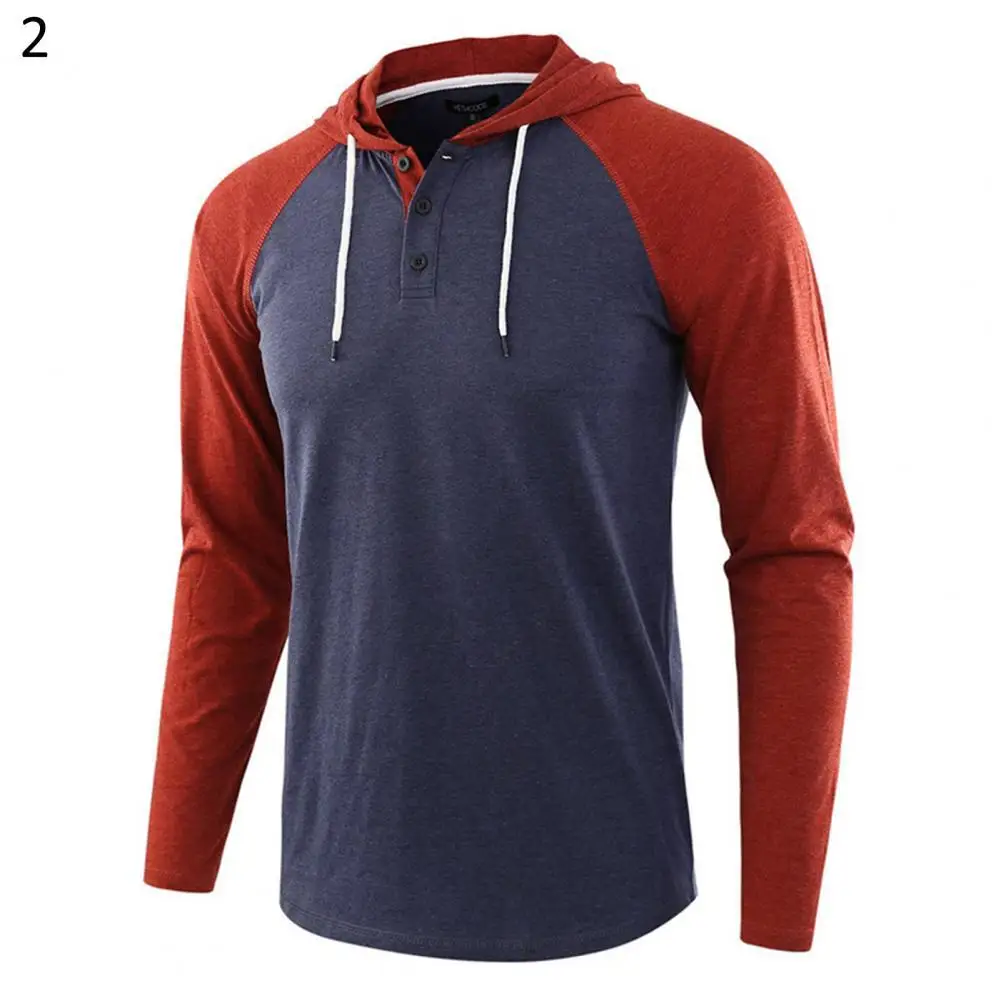 

80% HOT SALES！！！Men Long Raglan Sleeve Color Block Buttons Hoodie Drawstring Hood Sweatshirt