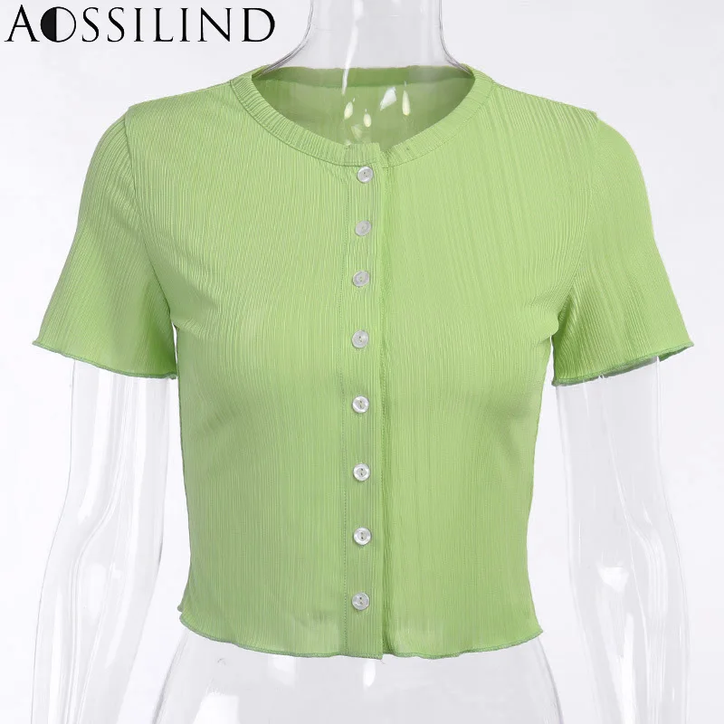

AOSSILIND Green short sleeve buttons sexy t shirt 2020 summer women stretchy cardigan cropped tops streetwear