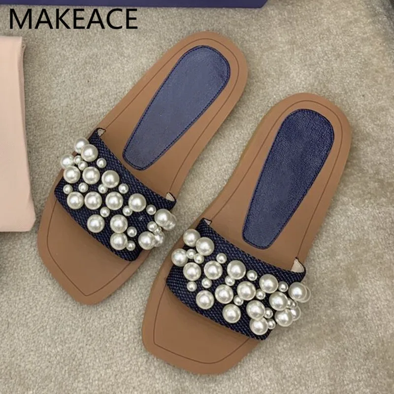 

Woman Summer flat shoes sandals leisure vacation pearled mules comfortable flipflops for girls beach shoes female 2021 Women