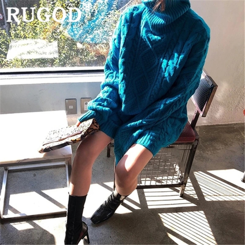 RUGOD Новое поступление, Однотонный свитер, платье для женщин, водолазка, свободное прямое тонкое мини платье, модное женское элегантное сексуальное вязаное платье