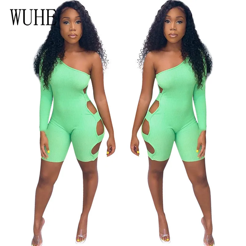 

WUHE Rib Knit Sexy Rompers One Shoulder Long Sleeve Hollow Out Package Hip Strapless Sports Fitness Casual Streetwear Overalls