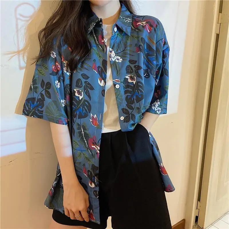 Hawaiian Shirt Harajuku Vintage Korean Style Big Style Chic Cardigan Short Sleeve Button Up Summer Blouse Floral Top