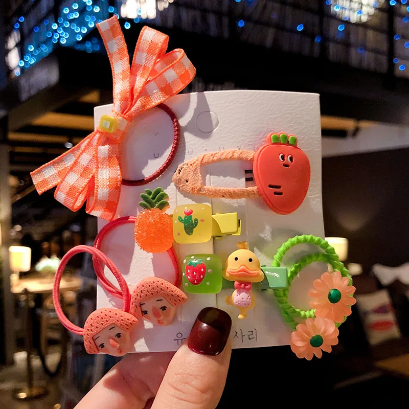 5/8 Pcs Children Cute Cartoon Flower Fruit Ornament Hair Clips Baby Girls Lovely Rubber Bands Hairpinds Kids Accessories |