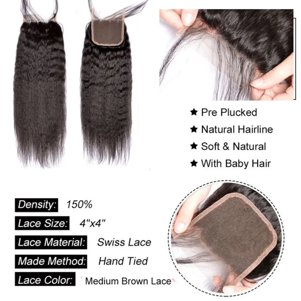 

14-22 Inch Kinky Straight 100% Bralizian Human Hair HD 5x5 Swiss Transparent Lace Closure Only Pre Plucked Soft Sliky Remy Hair