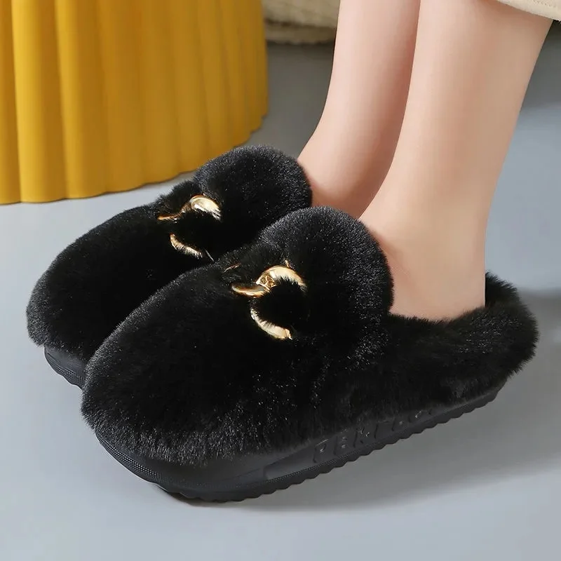 

Black Fuzzy Slippers Indoor Footwear Women Spring 2022 New Style Thick Plush Slides Ladies Concise Fluffy Shoes Woman Slipper