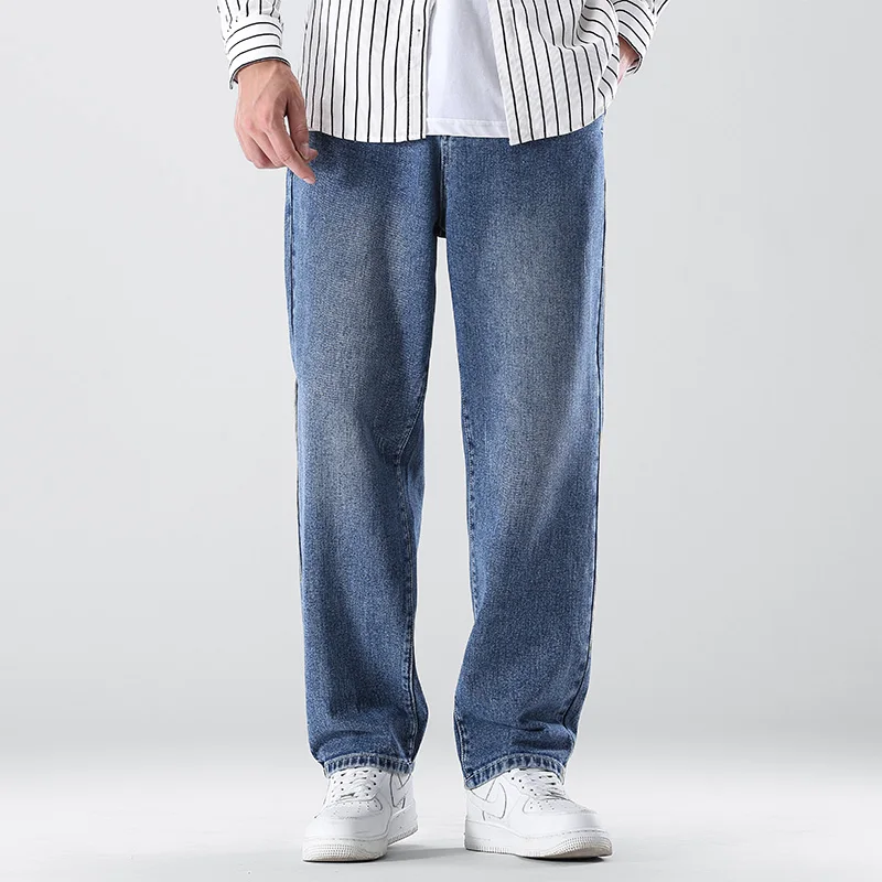 

2021 Autumn New Men's Baggy Jeans Streetwear Straight Version Denim Blue Korean Version Wide Leg Pants Male