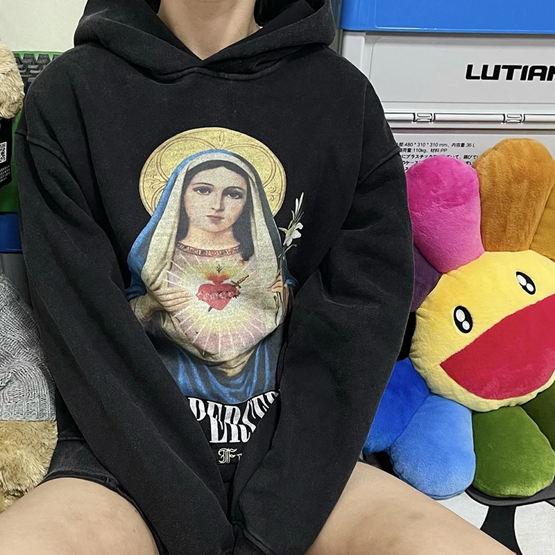 

Heartbroken Virgin Mary West Coast High Street Distressed Washed Retro Hooded Hoodies Men and Womens Oversized Casual Sweatshirt